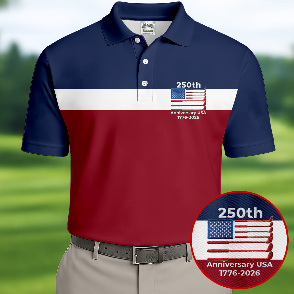 250th Anniversary USA 1776-2026 Red White Blue Printed Golf Tops For Men, 4th Of July Golf Shirts For Men