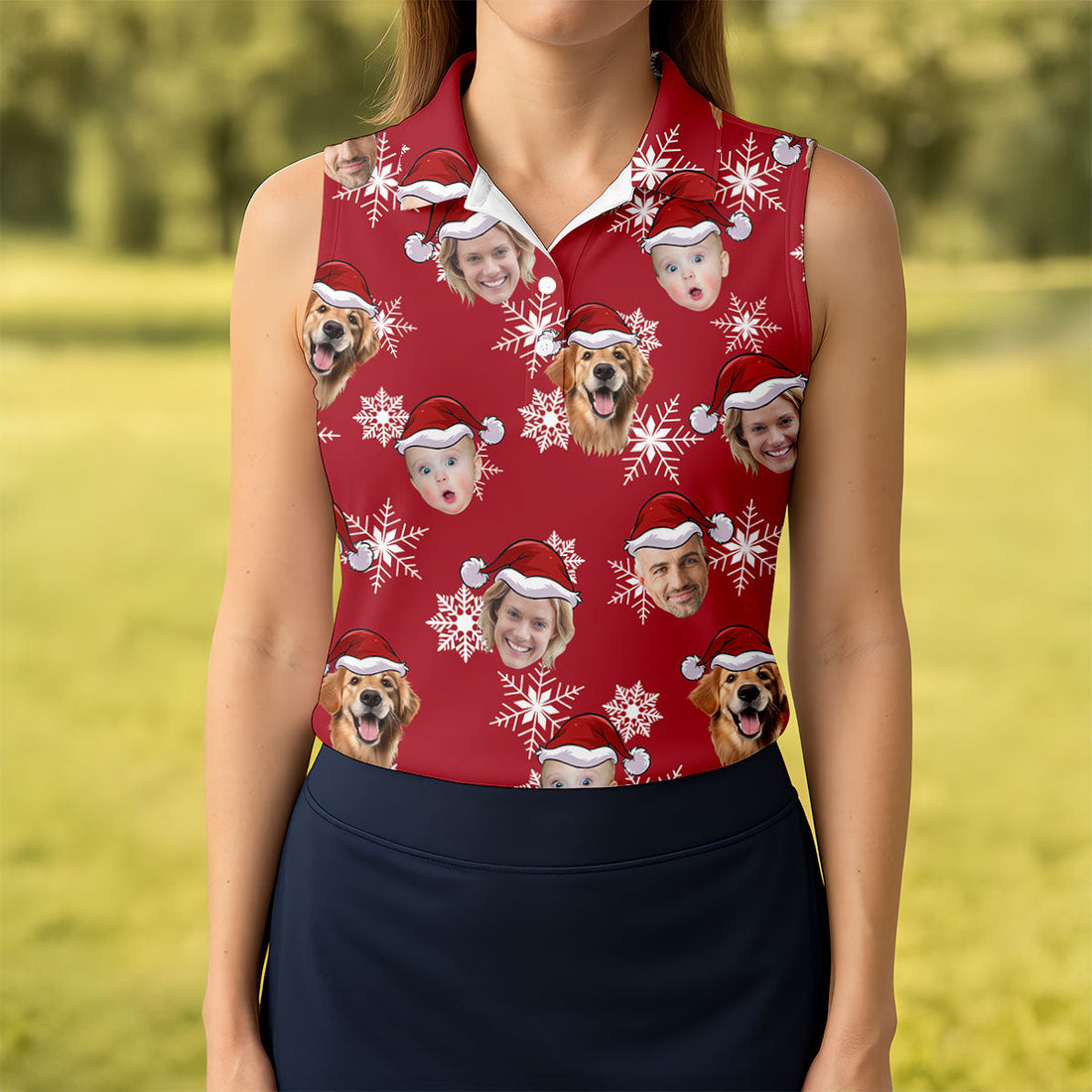 Custom Face Dark Red And White Christmas Women's Golf Tops, Ladies Golf Shirts, Christmas Golf Gift