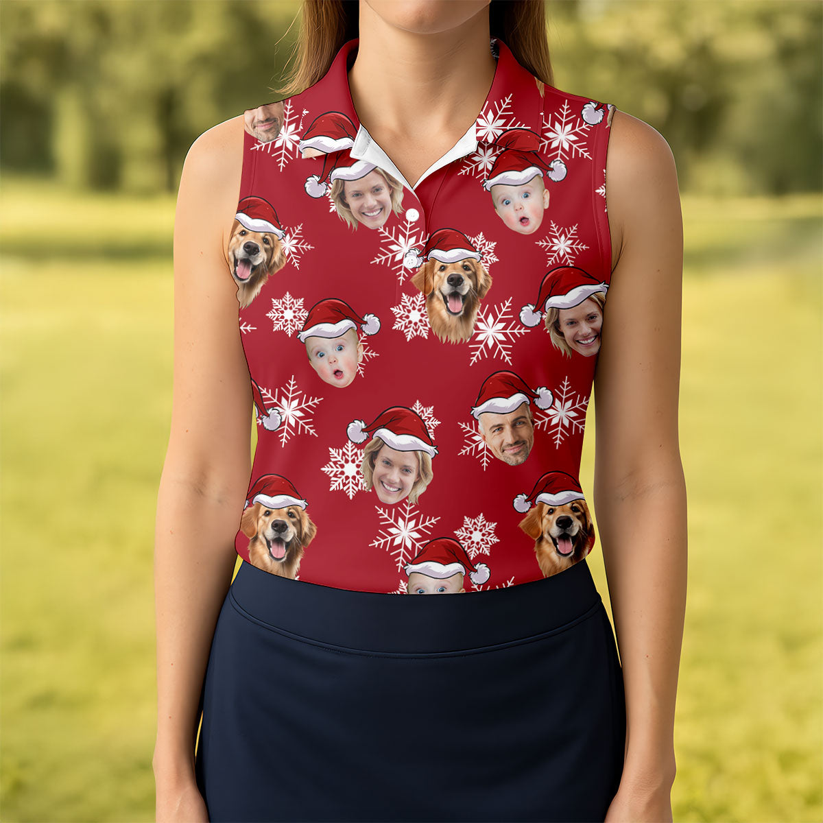 Custom Face Dark Red And White Christmas Women's Golf Tops, Ladies Golf Shirts, Christmas Golf Gift