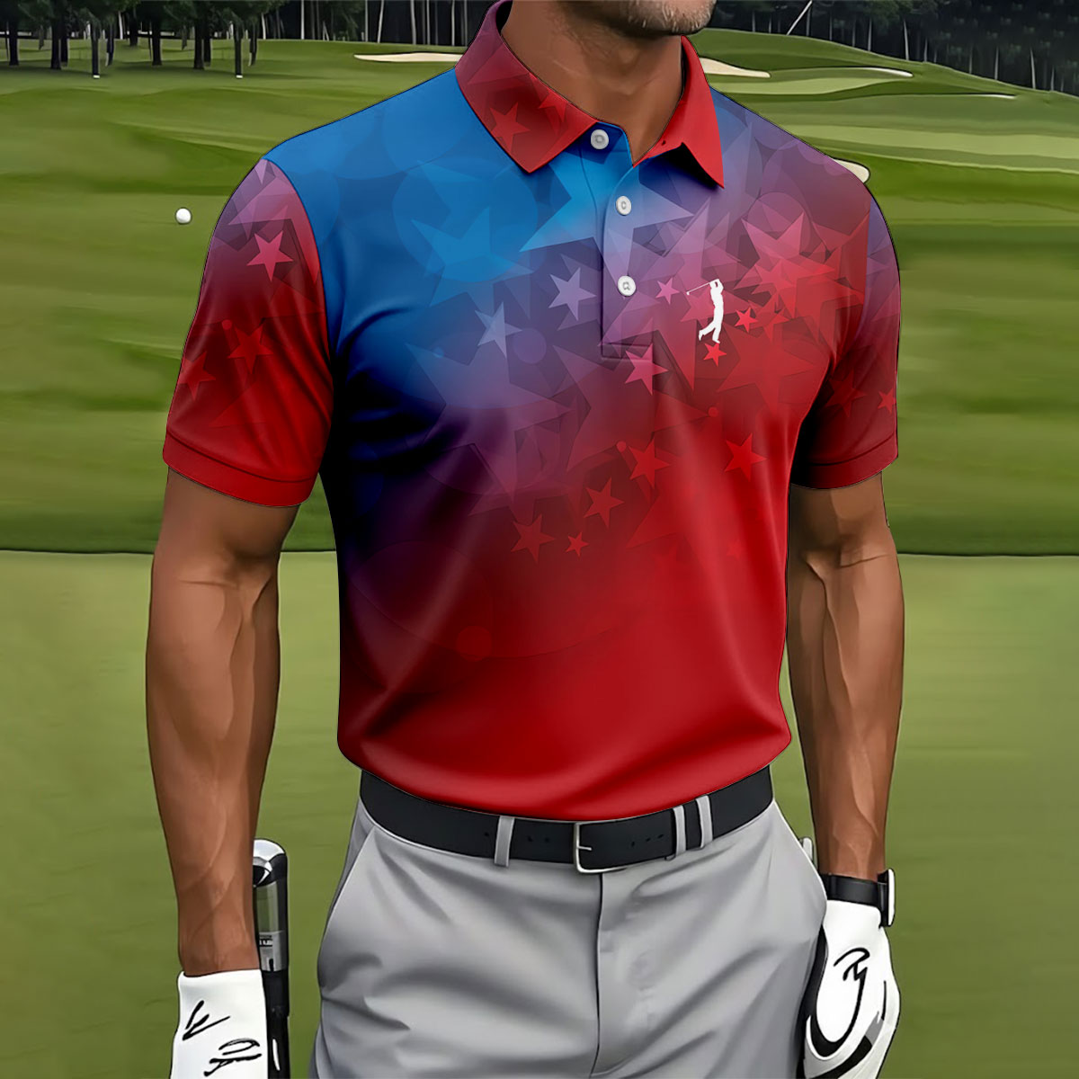 American Flag Pattern Golf Tournament Red And Blue Golf Shirts For Men, Polo ShirtFor Men
