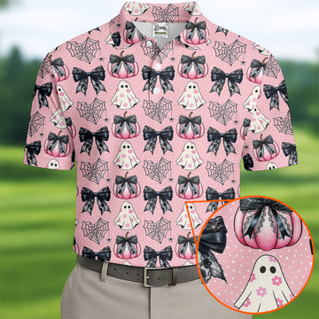 Coquette Pumpkin Boo Pink And Black Cute Golf Outfit, Fun Golf Shirts For Men, Golfing Apparel