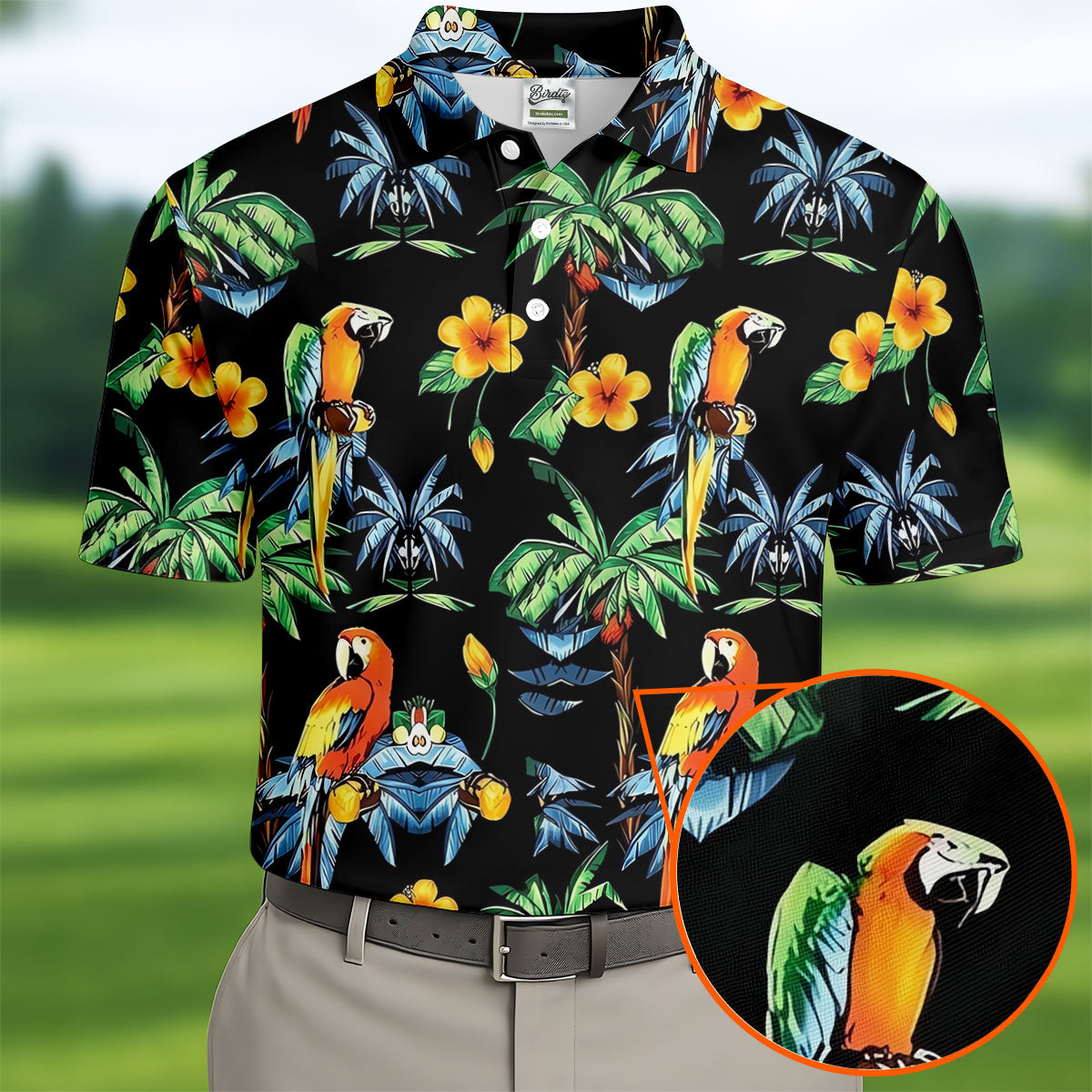 Black Tropical Parrot Palm Flower Pattern Golf Shirt, Men's Golf Shirt, Mens Polo Shirts, Hawaiian Golf Shirt