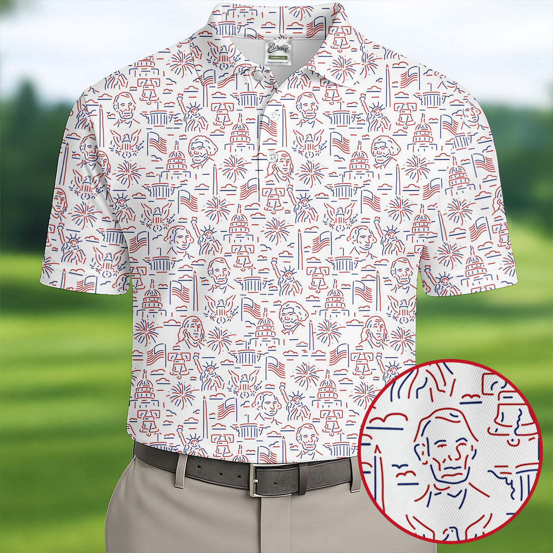 Red White Blue Outlined Patriotic American 250th Anniversary White Golf Shirt, 4th Of July Golf Shirts For Men