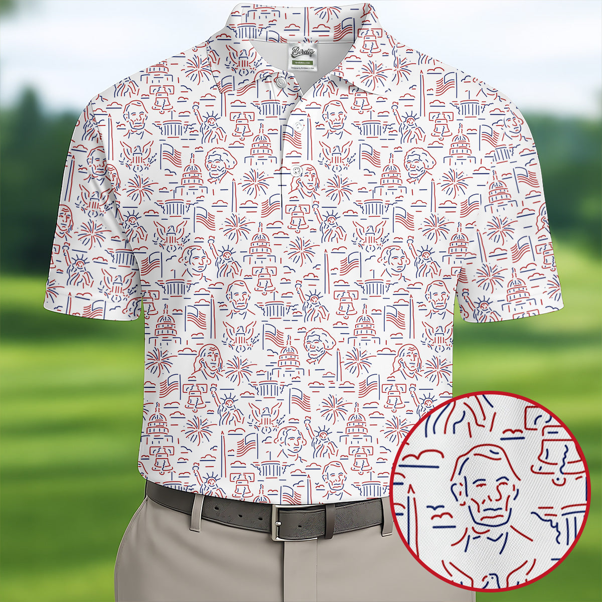 Red White Blue Outlined Patriotic American 250th Anniversary White Golf Shirt, 4th Of July Golf Shirts For Men