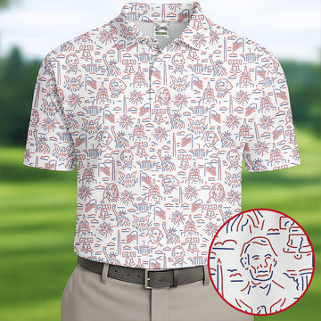 Red White Blue Outlined Patriotic American 250th Anniversary White Golf Shirt, 4th Of July Golf Shirts For Men