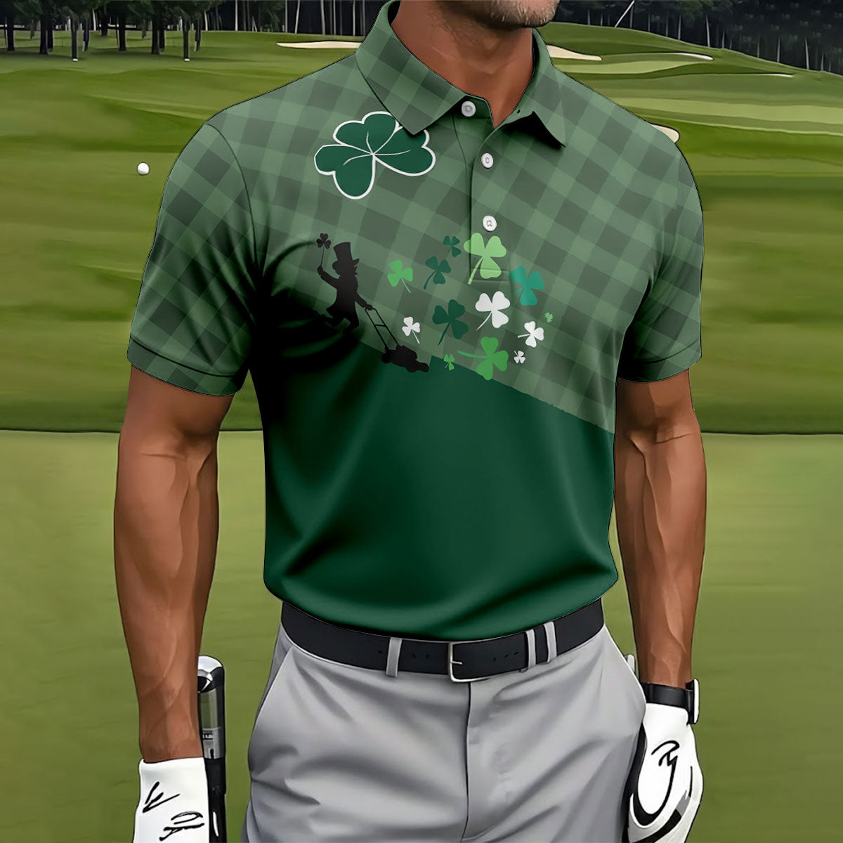 Green Checkered Leprechaun Shamrock St Patrick's Day Golf Shirt, Performance Golf Shirt, Polo ShirtFor Men