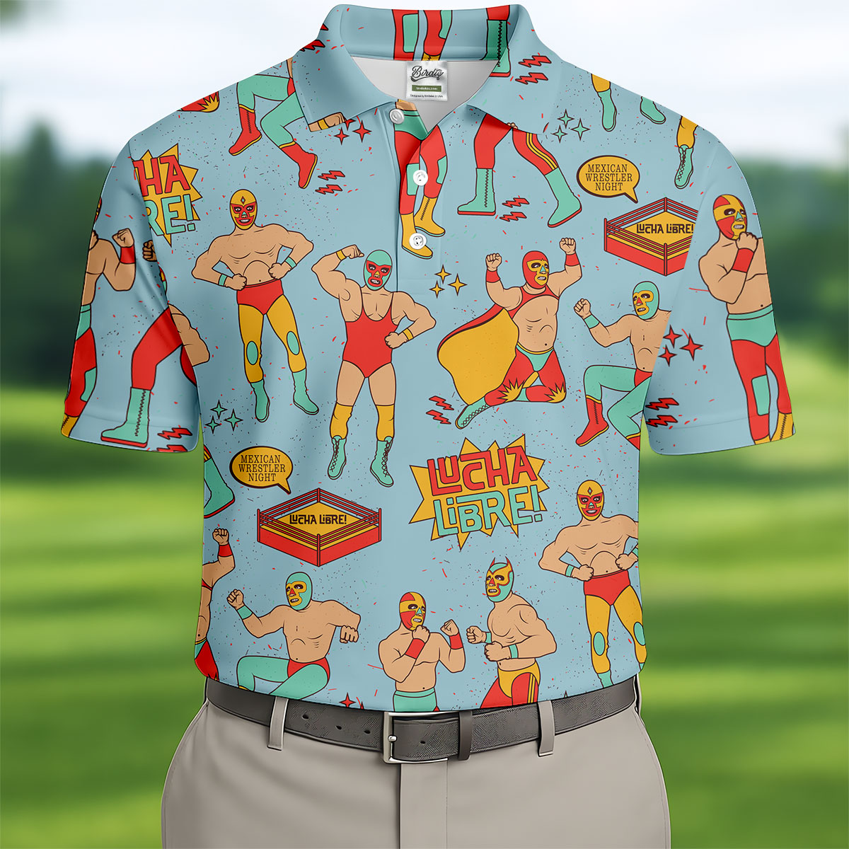 Blue Lucha Libre Mexican Wrestler Pattern Golf Shirt, Polo Shirts For Men, Golf Apparel For Men