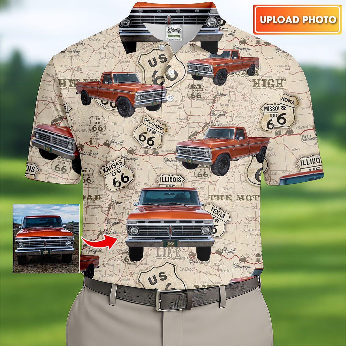 Custom Photo Truck Golf Shirt, Vintage Pickup Route 66 Map Pattern, Golf Shirt For Men