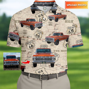 Custom Photo Truck Golf Shirt, Vintage Pickup Route 66 Map Pattern, Golf Shirt For Men