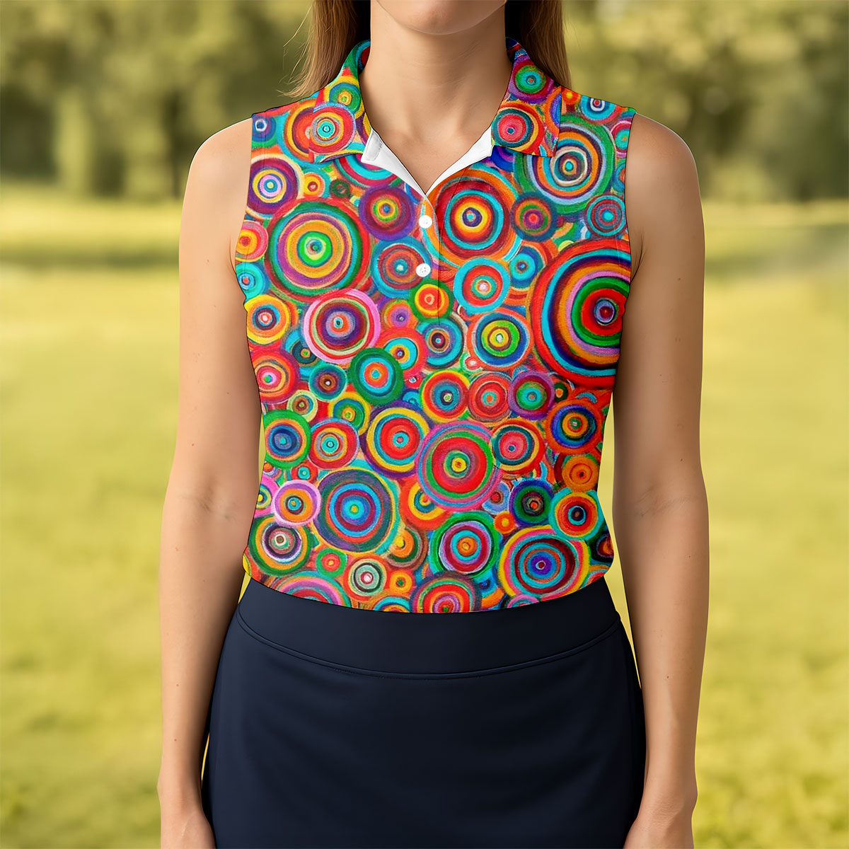 Colorful Abstract Circle Pattern Polo Shirt, Printed Golf Shirt, Hawaiian Golf Shirt, Women’s Golf Tops