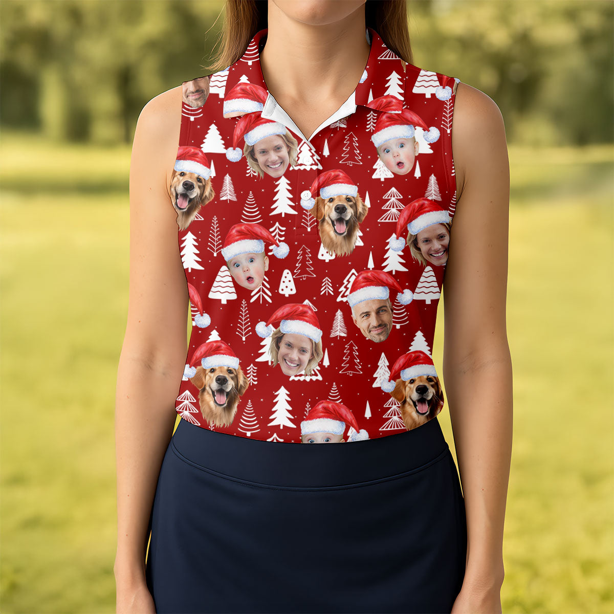 Custom Face Snow Pine Tree Red Golf Shirt, Christmas Golf Shirt, Women's Golf Tops, Golf Gift For Ladies