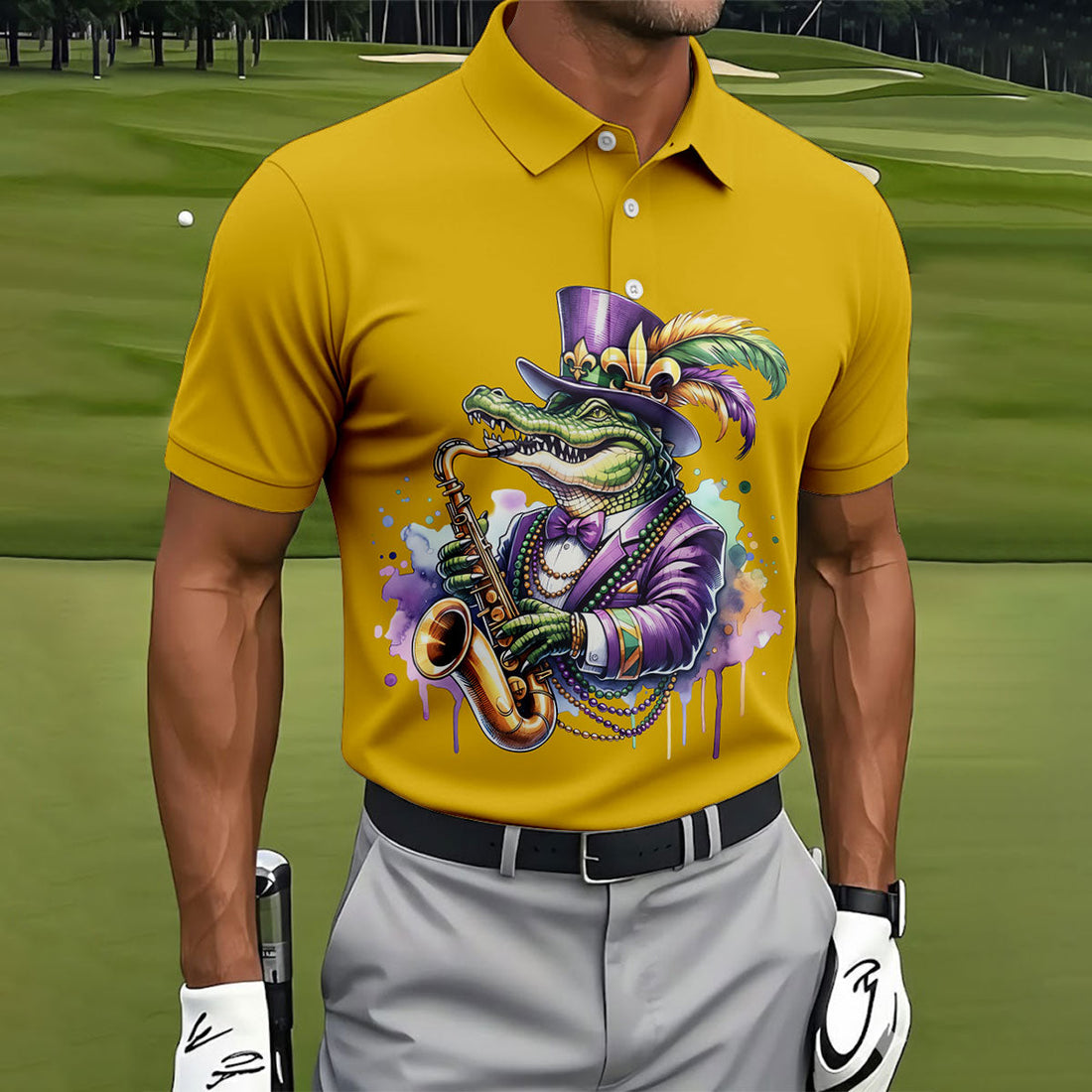 Mardi Gras Alligator Playing Saxophone Yellow Golf Shirt, Golf Shirts For Men, Polo ShirtFor Men