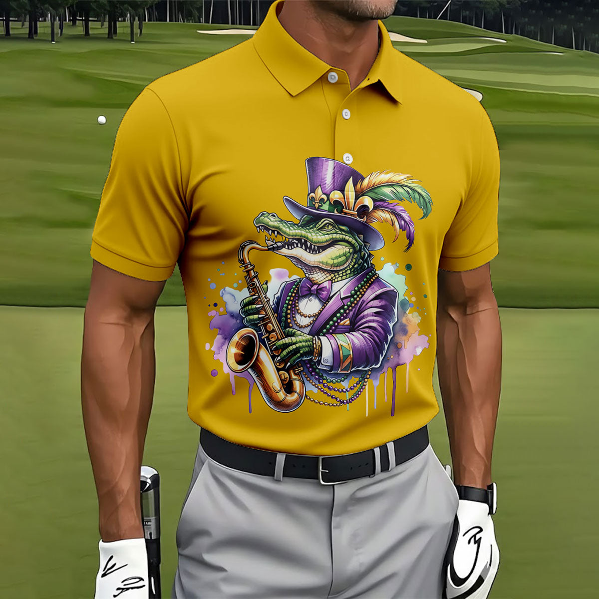 Mardi Gras Alligator Playing Saxophone Yellow Golf Shirt, Golf Shirts For Men, Polo ShirtFor Men