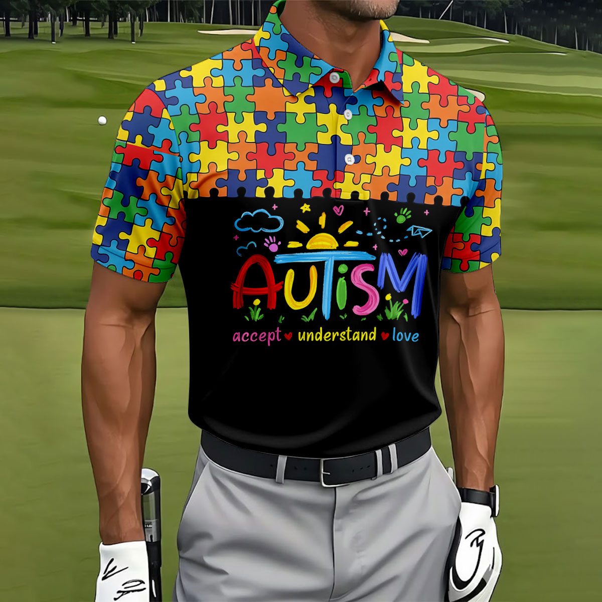 Awareness Accept Understand Love Colorful Puzzle Golf Shirt, Polo ShirtFor Men, Golf Shirts For Men