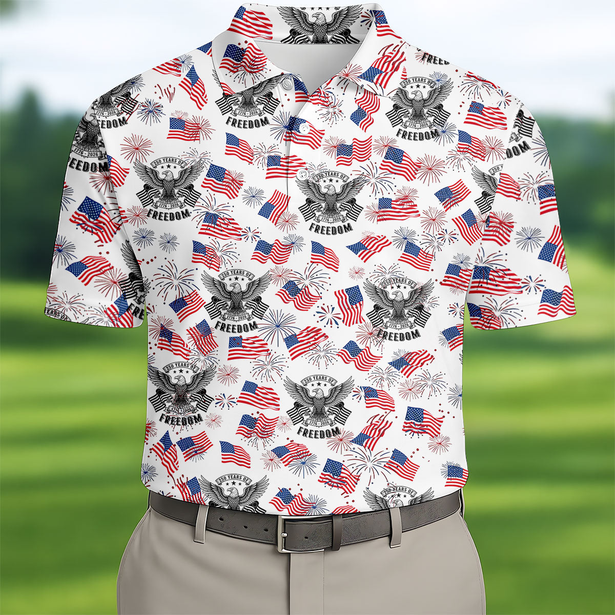 250 Years Of Freedom Festive Flag Vintage White Golf Shirt, Patriotic 4th Of July Golf Shirts For Men