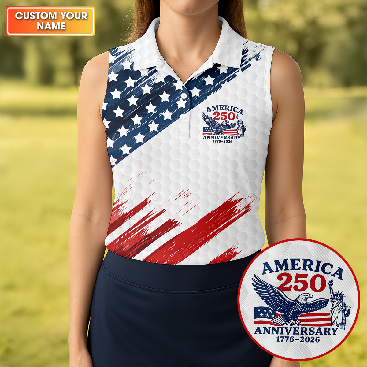 250th Anniversary Golf Ball Pattern Bald Eagle Logo 4th Of July Golf Shirt, Patriotic Golf Shirt For Women