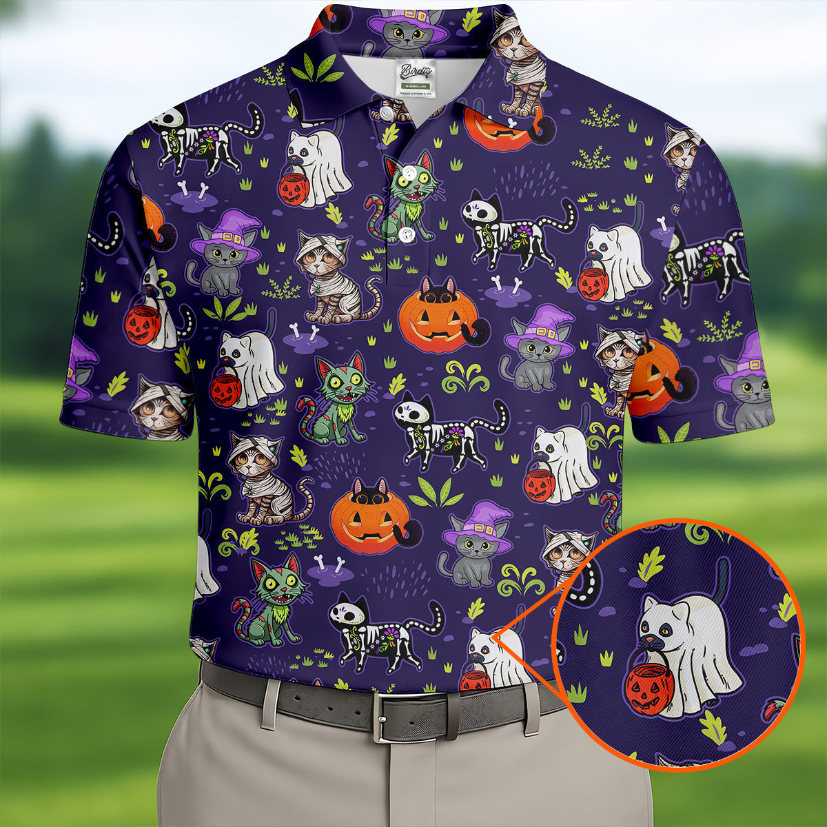 Purple Halloween Cats And Pumpkin Fun Men's Golf Polos, Cute Golf Outfit, Polo ShirtFor Men