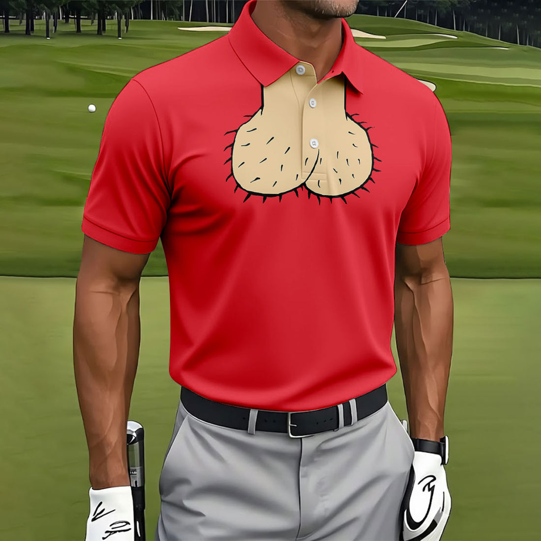 Red Funny Dickhead Faux Chest Golf Shirt, Golf Polo Shirts For Men, Mens Golf Apparel