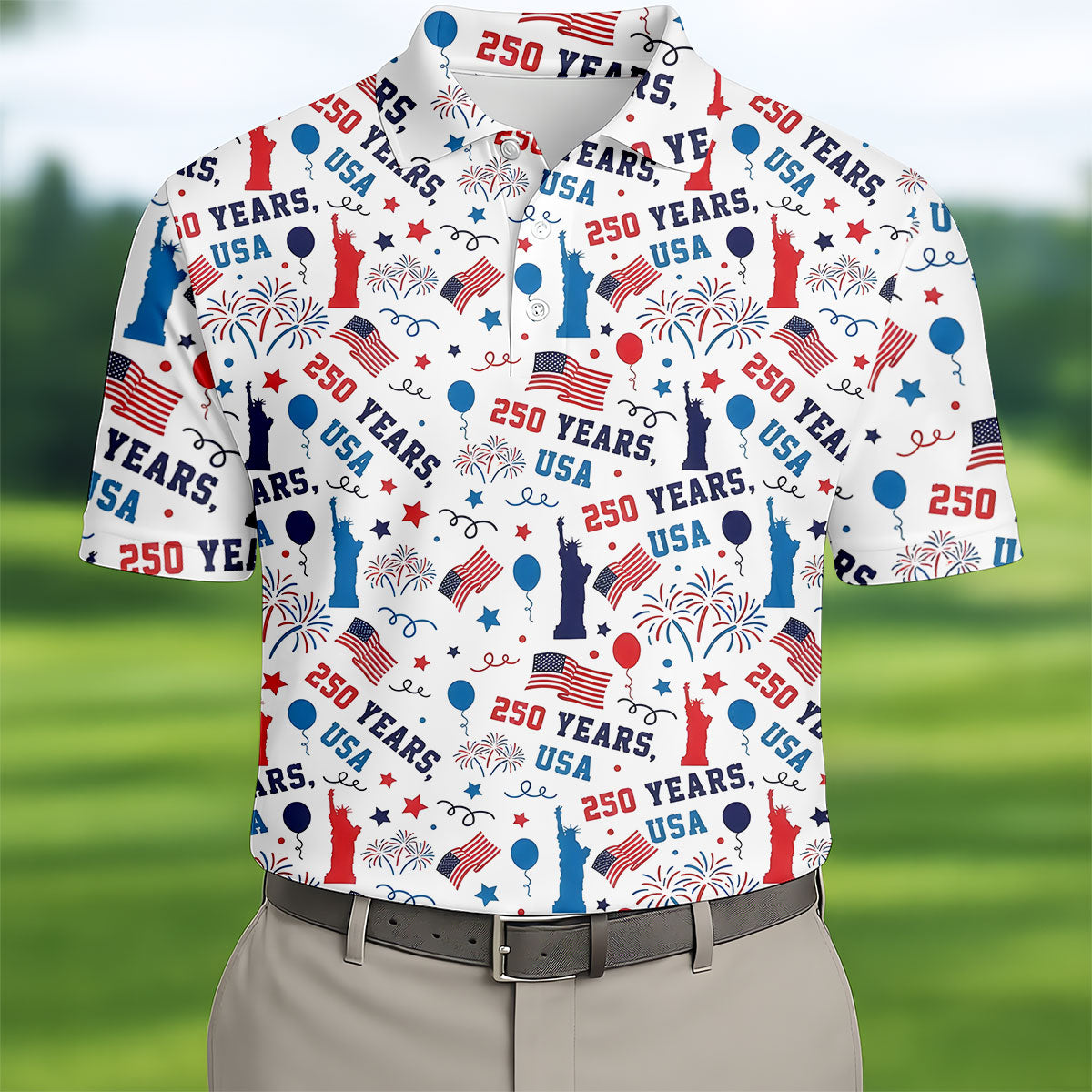 250 Years USA Red White Blue Seamless Pattern White Golf Shirt, Patriotic 4th Of July Golf Shirts For Men