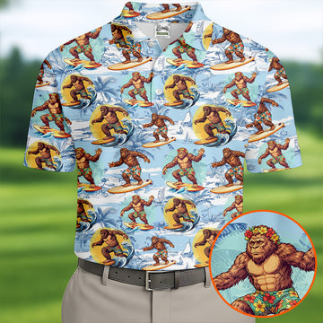 Surfing Bigfoot Hawaiian Golf Shirt, Mens Golf Shirts, Golf Apparel For Men