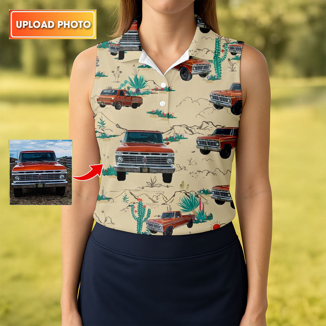 Personalized Pickup Truck Golf Shirt, Southwestern Desert Cactus Pattern, Golf Shirt For Women