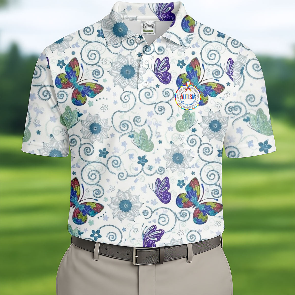 Autism Awareness Flower And Butterfly Puzzle Ribbon Men's Golf Shirt, Polo ShirtFor Men