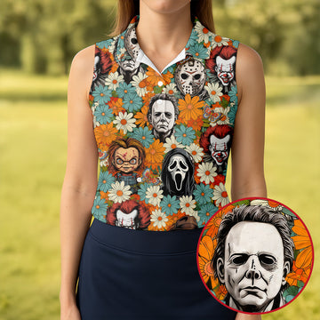 Floral Horror Character Halloween Golf Shirt, Women's Golf Apparel, Printed Golf Shirt