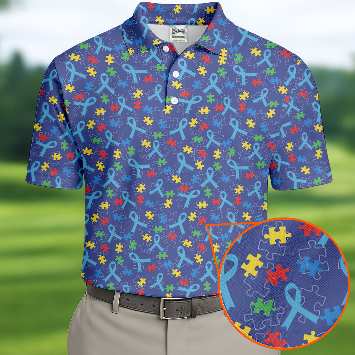 Autism Puzzle Ribbon Pattern Golf Tops For Men, Autism Awareness Color Polo ShirtFor Men, Golf Shirts For Men