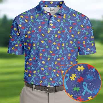 Autism Puzzle Ribbon Pattern Golf Tops For Men, Autism Awareness Color Polo ShirtFor Men, Golf Shirts For Men