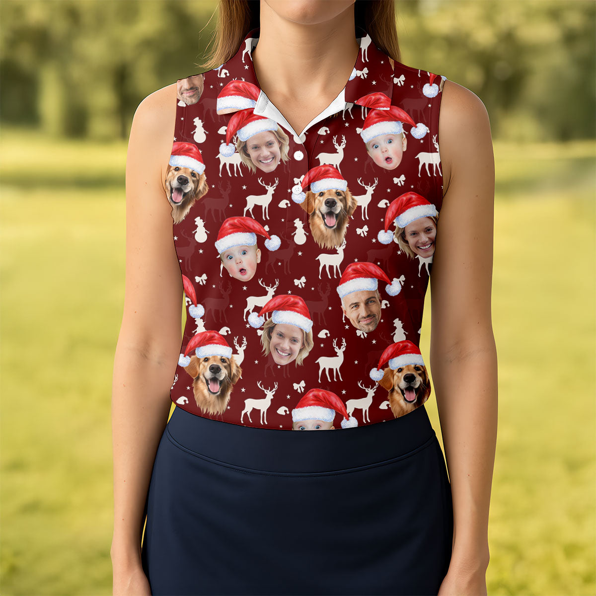 Custom Face Snow Figure Maroon Golf Shirt, Christmas Golf Shirt, Ladies Golf Tops, Golf Gifts For Women