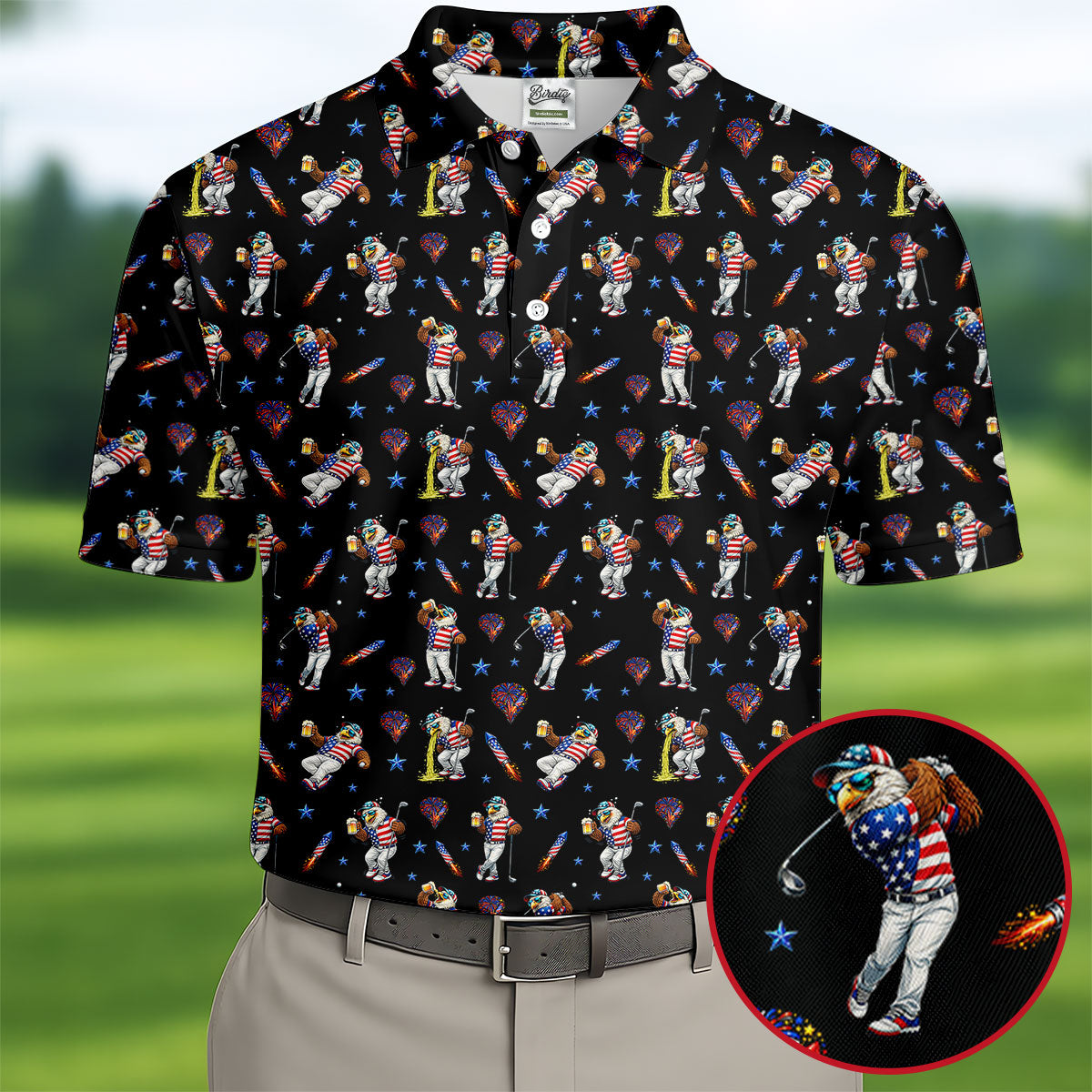 Patriotic Eagle Golf And Beer Funny 4th Of July Black Golf Shirt, 250th Anniversary Golf Shirts For Men