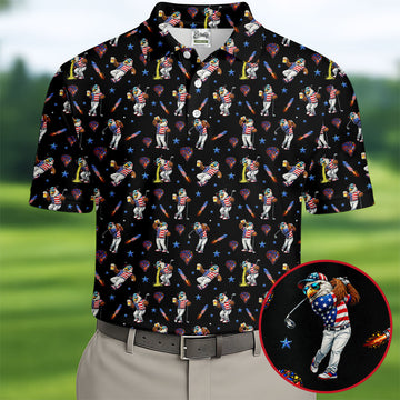 Patriotic Eagle Golf And Beer Funny 4th Of July Black Golf Shirt, 250th Anniversary Golf Shirts For Men