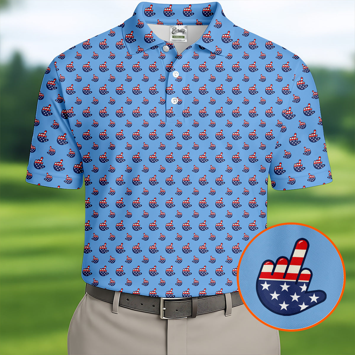 Funny Middle finger US Flag Pattern 250th Anniversary Blue Golf Shirt, 4th Of July Golf Shirts For Men