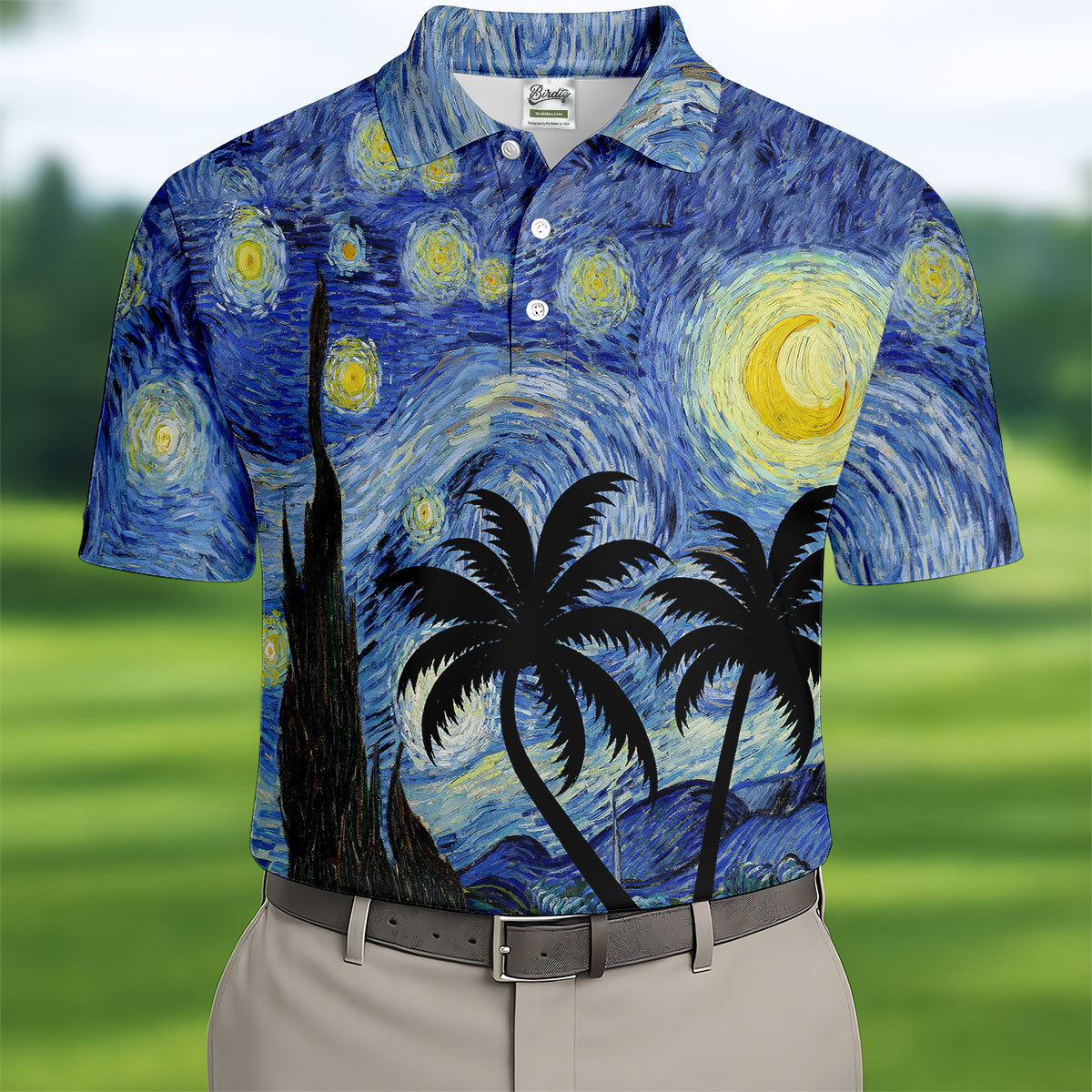 Van Gogh Starry Night Tropical Palm Tree Golf Shirt, Mens Golf Polo, Printed Golf Shirts