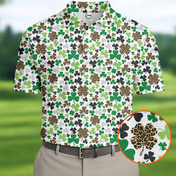Leopard Pattern St Patrick's Day Shamrock Golf Shirt, Fun Golf Shirts For Men, Polo ShirtFor Men