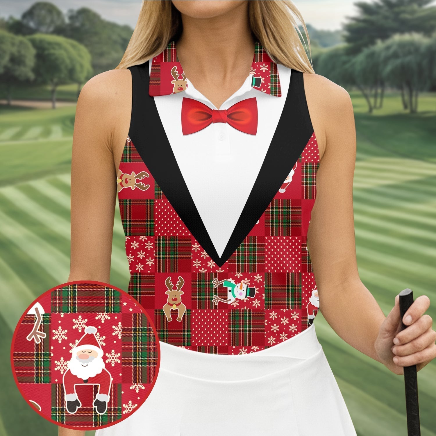 Red Plaid Funny Holiday Vintage Print Women Golf Top, Christmas Golf Shirt, Ladies Golf Tops