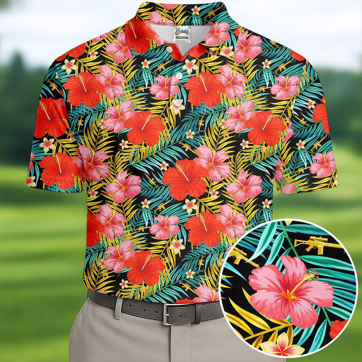 Red Hibicus Gold Palm Leaf Hawaiian Golf Shirt, Summer Theme Golf Shirts For Men
