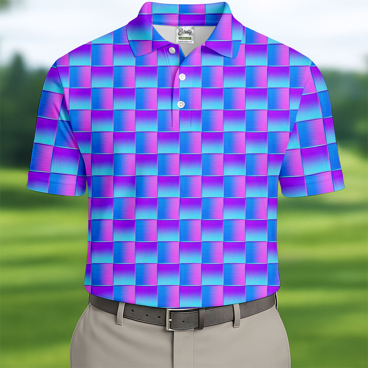 Purple Blue Gradient Checkered Pattern Golf Shirt, Mens Golf Polo, Printed Golf Shirts, Golf Polo Shirts For Men