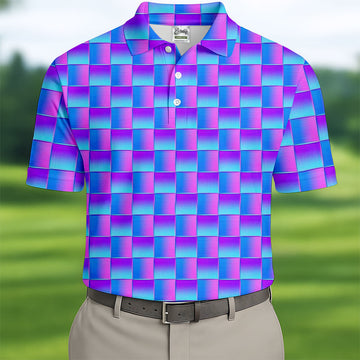 Purple Blue Gradient Checkered Pattern Golf Shirt, Mens Golf Polo, Printed Golf Shirts, Golf Polo Shirts For Men