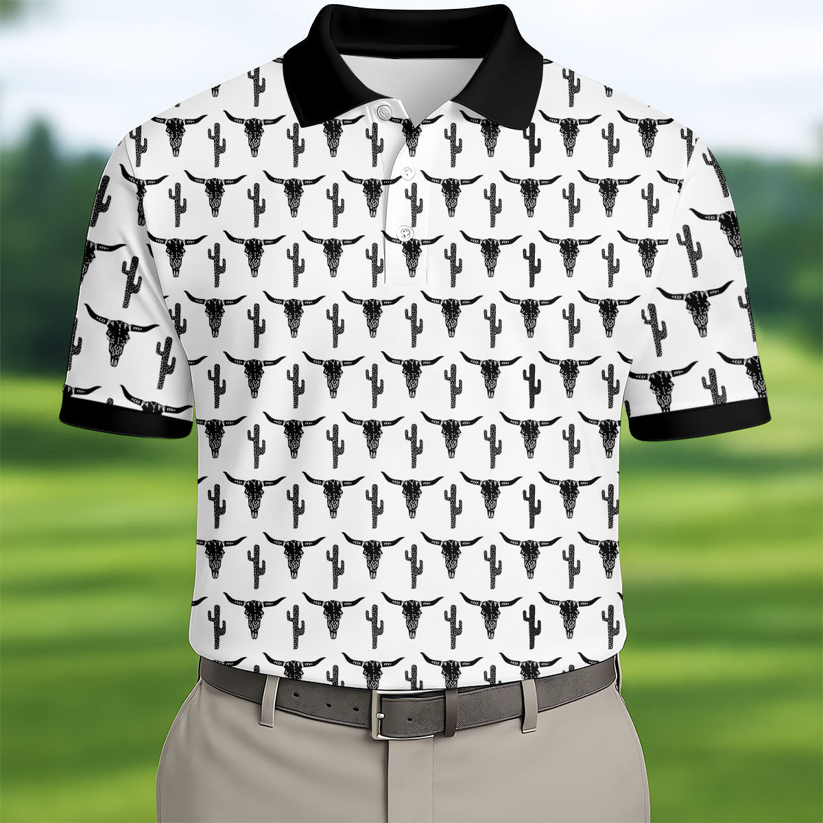 Longhorn Cow Skull Western Theme White Golf Tops For Men, Polo Shirtor Men, Golf Shirts For Men