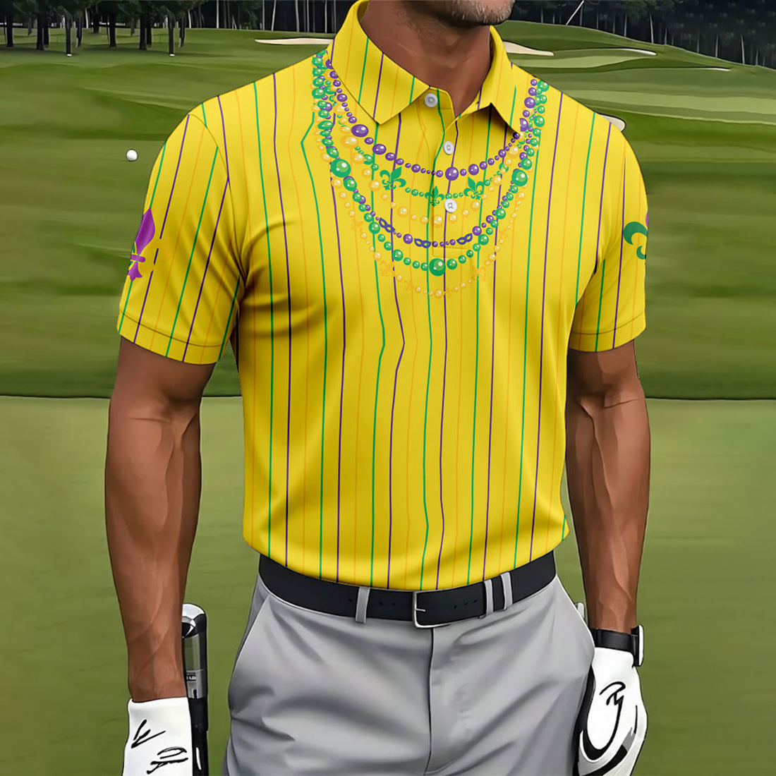 Mardi Gras Beads Necklaces Print Yellow Golf Shirt, Golf Tops For Men, Polo ShirtFor Men, Golf Shirts For Men