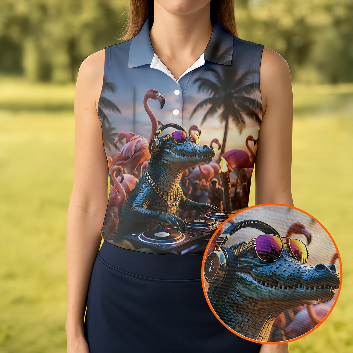 Funny Crocodile DJ Mardi Gras Festival Flamingo Golf Shirt, Women's Golf Tops, Ladies Golf Polos