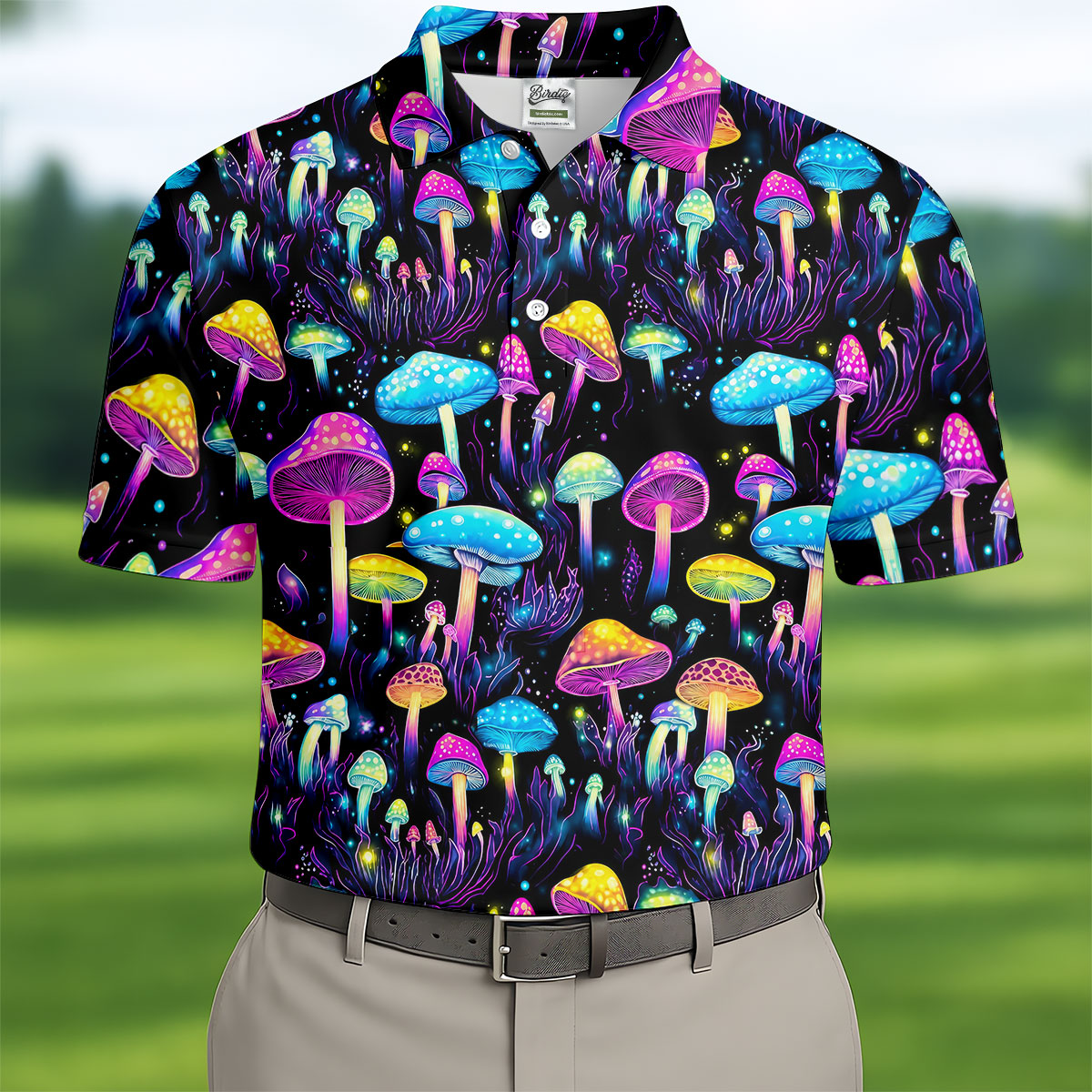 Colorful Neon Mushroom Fantasy Forest Golf Shirt, Mens Golf Polo, Golf Apparel For Men, Printed Golf Shirts