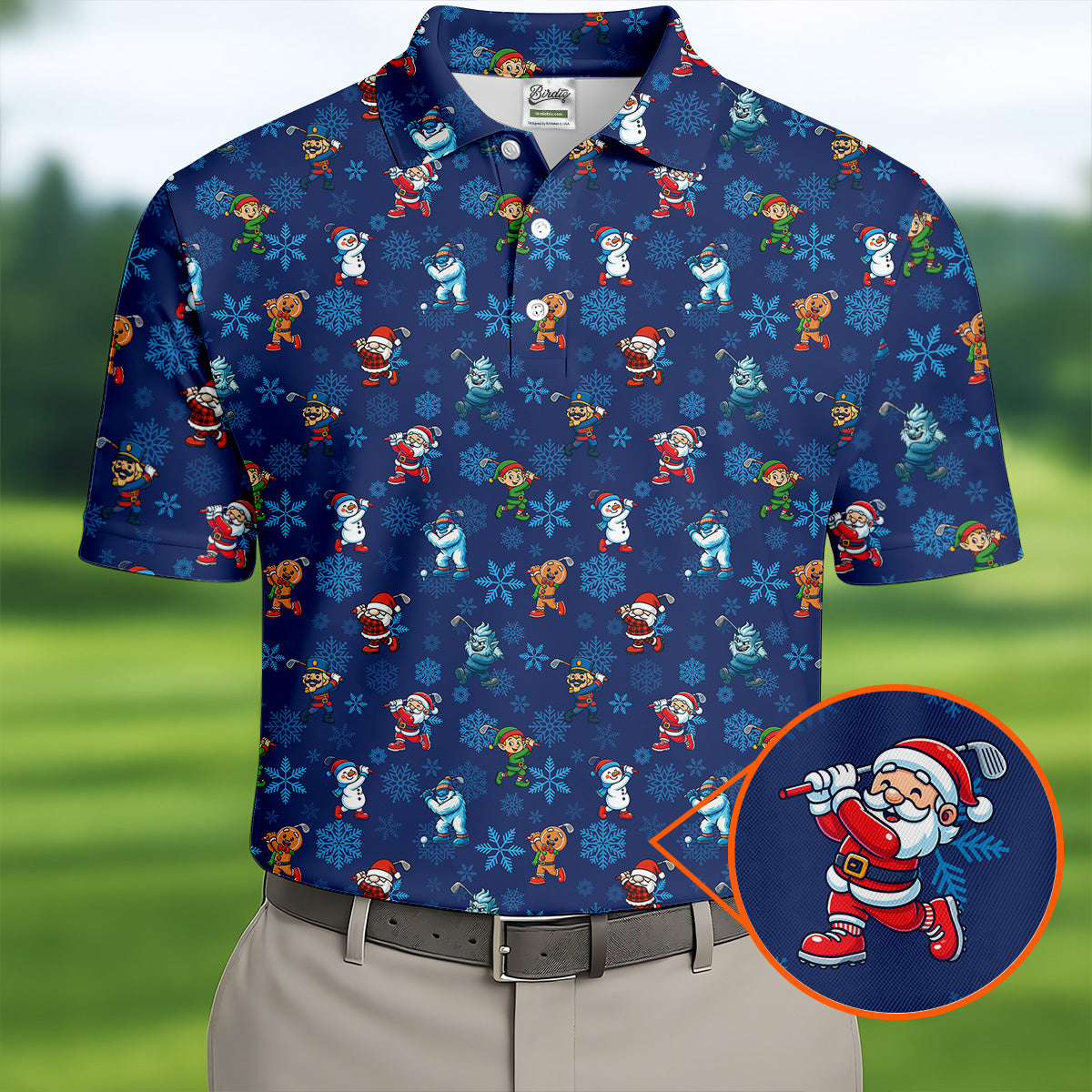 Funny Christmas Characters Golf Pose Navy Golf Shirt, Christmas Golf Shirt, Polo ShirtFor Men