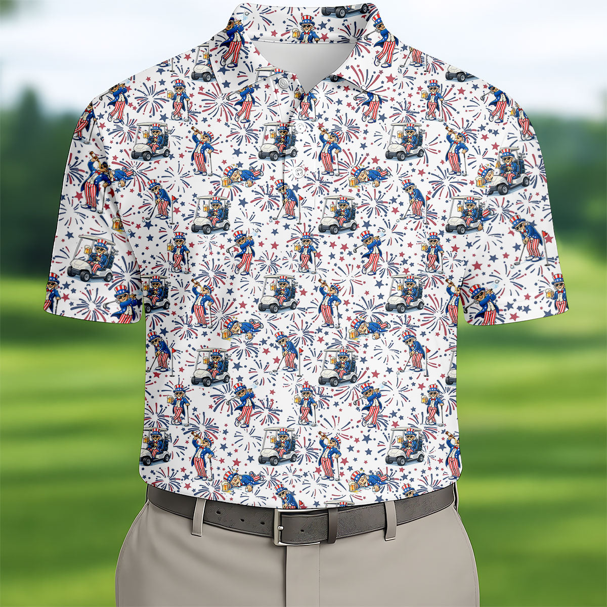 Patriotic Theme Golf And Beer Funny 4th Of July Golf Shirt, 250 Years Seamless Pattern Golf Shirts For Men