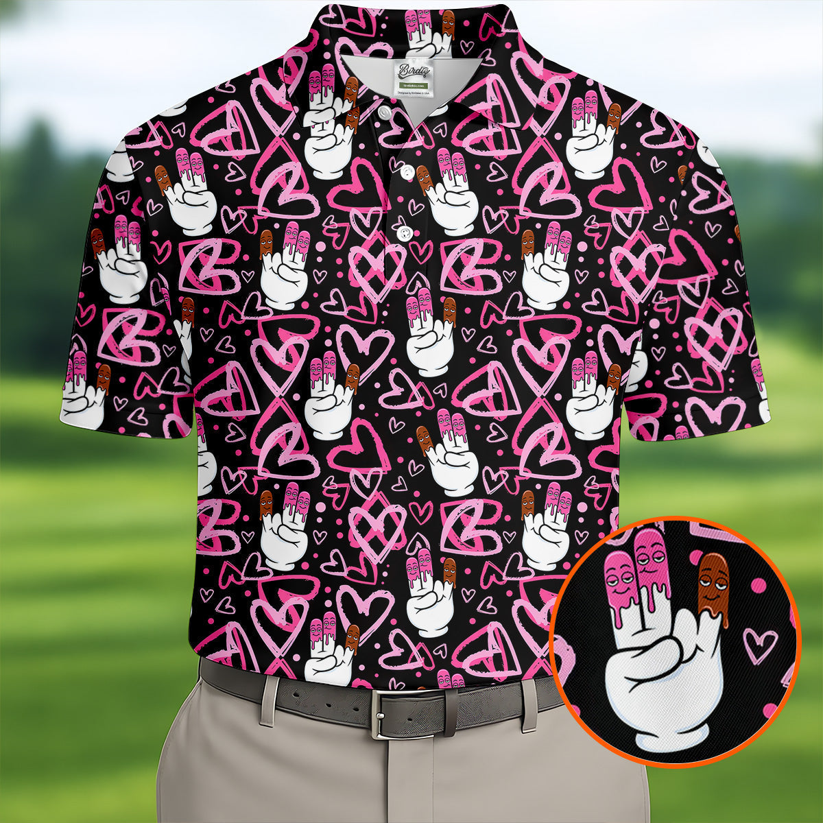 Chocolate Fingers Adult Humor Heart Pattern Fun Golf Shirts For Men, Valentines Golf Gift, Polo ShirtFor Men