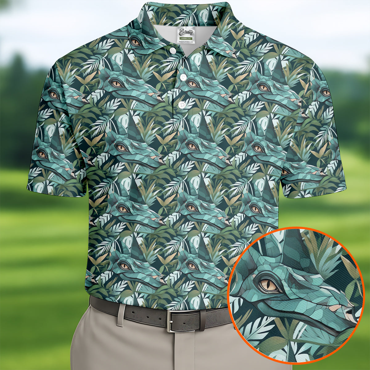 Dinosaur Head Tropical Vibe Golf Tops For Men, Polo ShirtFor Men, Golf Shirts For Men