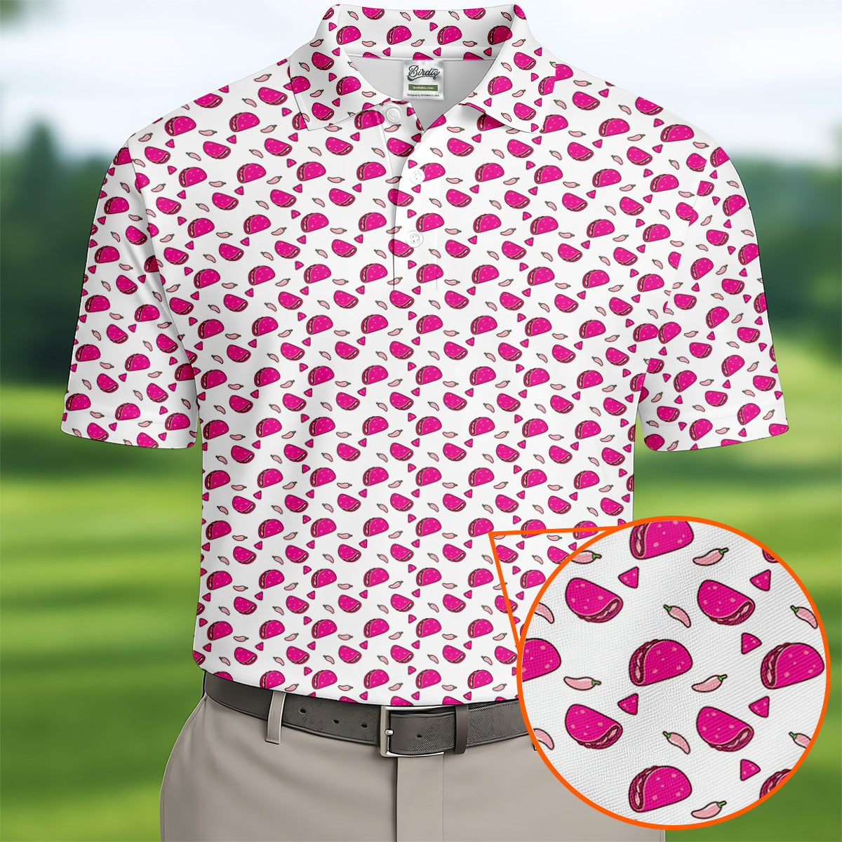 The Pink Taco Seamless Pattern White Golf Shirt, Golf Tops For Men, Tacos Lover Golf Gift For Men