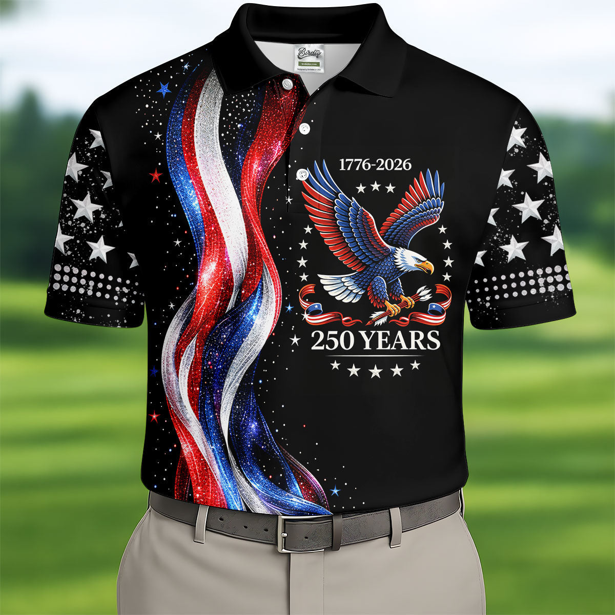 America Bald Eagle Red And White Striped Ribbon 4th Of July Golf Shirt, 250th Anniversary Golf Shirts For Men