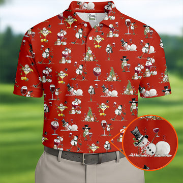 Funny Snowman Drinking Wine Red Golf Shirt, Christmas Golf Shirt, Polo Shirt Men, Golf Gift For Men